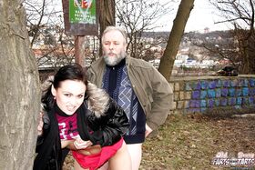 Horny babe in black boots Krystina gets fucked by an oldman outdoor