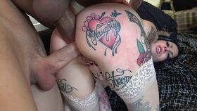 Tattooed Romanian MILF Megan Inky sucks two dicks and gets a rough DP fuck