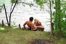 Lecherous blonde gives head and gets fucked for cum in mouth outdoor