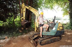 Blonde construction worker Kathy exposing perfect big tits outdoors