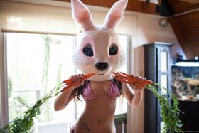 Topless chick Gabriella Paltrova flaunting nice tits in cosplay bunny head