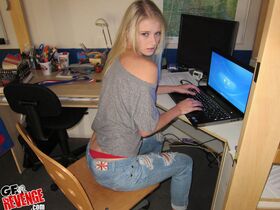 Blonde gamer girl Abby caught posing in bra and panties by her ex