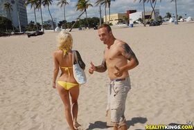 Blonde slut in bikini sucking cock & getting jizzed in hot hardcore fuck