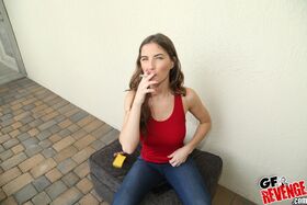 Attractive GF Molly Jane smokes and flashes her big natural boobs