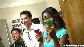Lustful coeds enjoy a drunk sex orgy with well-hung guys in the dorm room