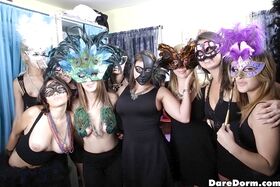 Coed party with big tits clothed babes in sexy mysterious masks