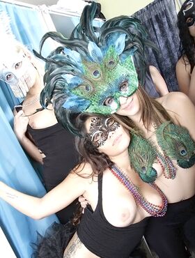 Coed party with big tits clothed babes in sexy mysterious masks