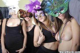 Coed party with big tits clothed babes in sexy mysterious masks