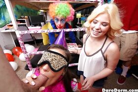 Coed Gia Paige and blindfolded gf suck cock and lick twat at birthday party