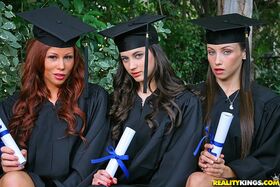 Three hot babes celebrating college graduation with lesbian sex