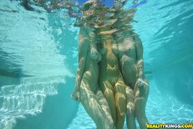 Three lesbian hotties in bikini stripping and licking pussy underwater