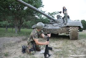 Japanese military babe Rae Lil Black gets fucked outdoors by a soldier