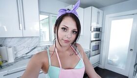 Teen babe with tiny tits Megan Sage touches herself with toys in the kitchen