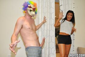 Amateur Asian girl Amy Parks getting fucked and jizzed on by man in clown mask