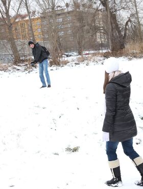 Busty teen girlfriend Jenny N enjoys post snowball fight bedroom bang