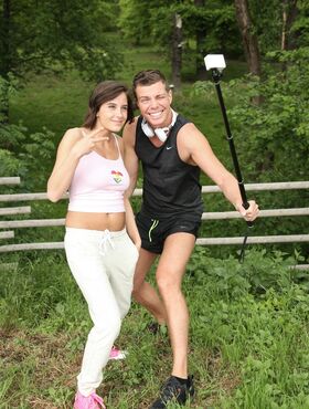 Brunette teen Anabelle exposes her big juggs & rides a fat boner in the woods