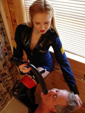 Sexy femdom in her police uniform & boots Juliet disciplines an older sissy