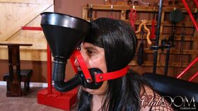 Black haired domme Jean Bardot tortures her masked man doll outdoors