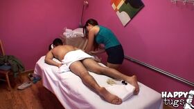 Slutty asian masseuse fucks her client and milks his dick with her hands