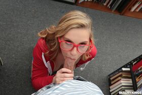Nerdy teen Kara Lee shows her huge tits and takes a dong in her twat
