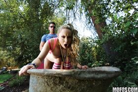 Blonde slut Aiden Starr gets banged inside of wheelbarrow wearing sport socks