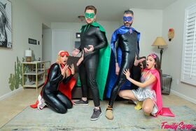 Closely related family members have a foursome in cosplay clothing