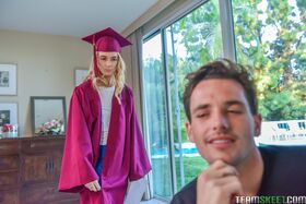 Grad girl Anastasia Knight tricked by her step brother into open mouth facial