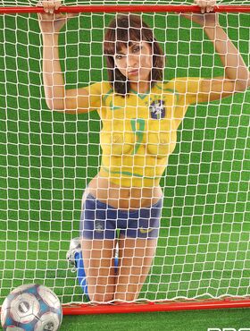 Czech babe with big tits Veronica Vanoza poses in a painted Brazilian jersey