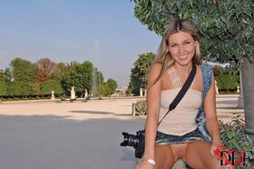 Leggy MILF Cherry Jul goes to Paris and gets off on no panty upskirt flashing