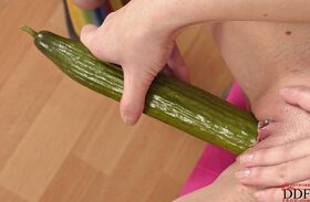 Appetising pornstar Thalia fucks her pierced cunt with a huge cucumber