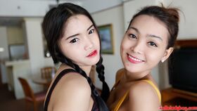 Threesome with two shy Thai ladyboys and tourist and shemales get a facial