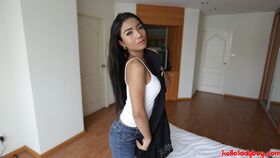 20 year old horny Thai ladyboy gets covered with cum from white cock