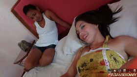 Young Asian girls Fhae and Ann have sex with a Farang in POV mode