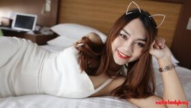 Lovely Thailand ladyboy takes white pipe up the ass