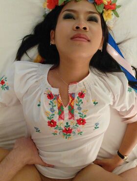 Asian amateur Aziza takes a dick up her asshole wearing a crown of flowers