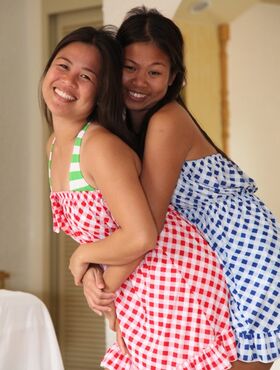 Sweet Thai dolls Nicole and Anne tease with hot panty upskirts at the hotel