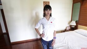 18yo Thai shemale stripteases for her date with a tourist