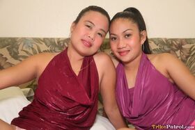 Young Filipina girls Anne and Ivy flash upskirt underwear before getting naked