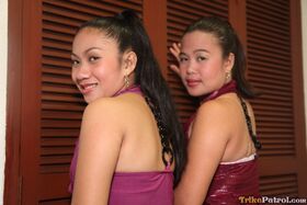 Young Filipina girls Anne and Ivy flash upskirt underwear before getting naked
