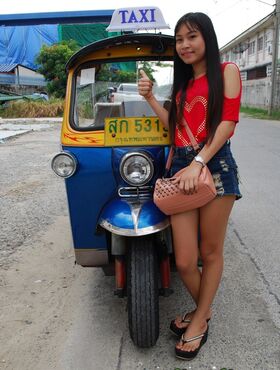 Lovely Asian teen in sexy jean shorts gets picked up on the street