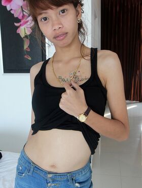 Adorable Thai girl cups a firm breast while petting her naked pussy