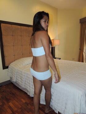Skinny Filipina Aira shows her bush and tits before a blowjob in a hotel room