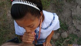 Filipina schoolgirl Sally gives outdoor blowjob & hikes uniform for cock