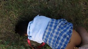 Filipina schoolgirl Sally gives outdoor blowjob & hikes uniform for cock