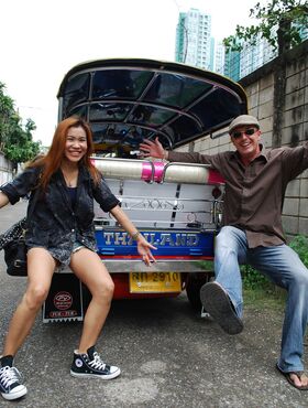 Asian cute babe Noy takes a ride with a stranger on his mini taxi