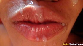 Asian amateur Nica sports cum covered lips after POV sex with a Farang