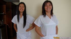Asian nurses Joanna & Joy drop their pants for a hairy pussy threesome