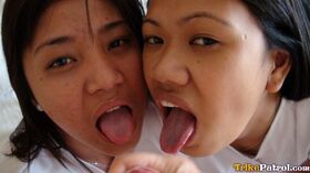 Asian nurses Joanna & Joy drop their pants for a hairy pussy threesome