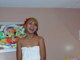 Cute young Filipina Jessica gives POV blowjob offers hairy pussy for hard cock