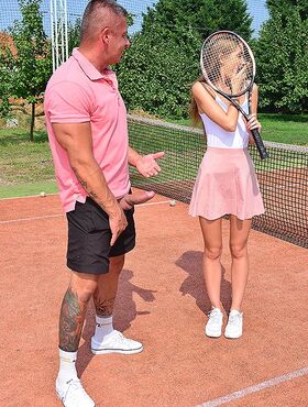 Sporty blonde Tiffany Tatum gets banged on the court by her tennis instructor